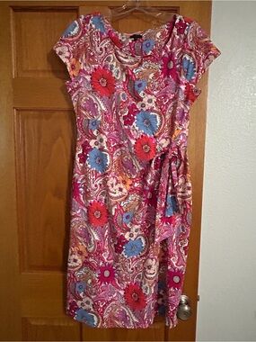 Talbots Pink Floral Paisley Tie-Waist Midi Dress
